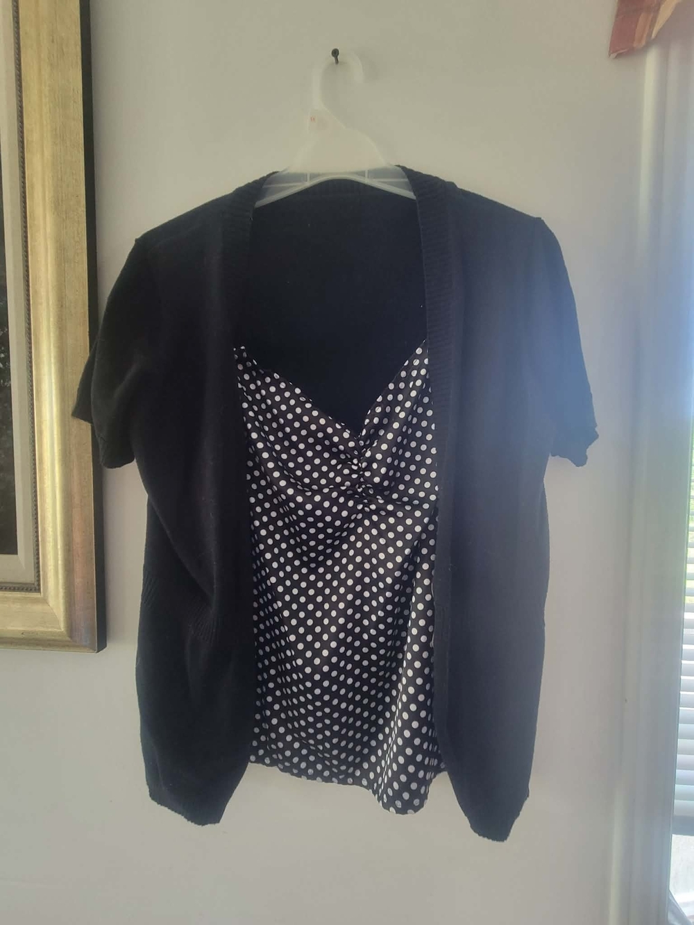 Black Polka Dot Cowl Neck Top with Short Cardigan Built In